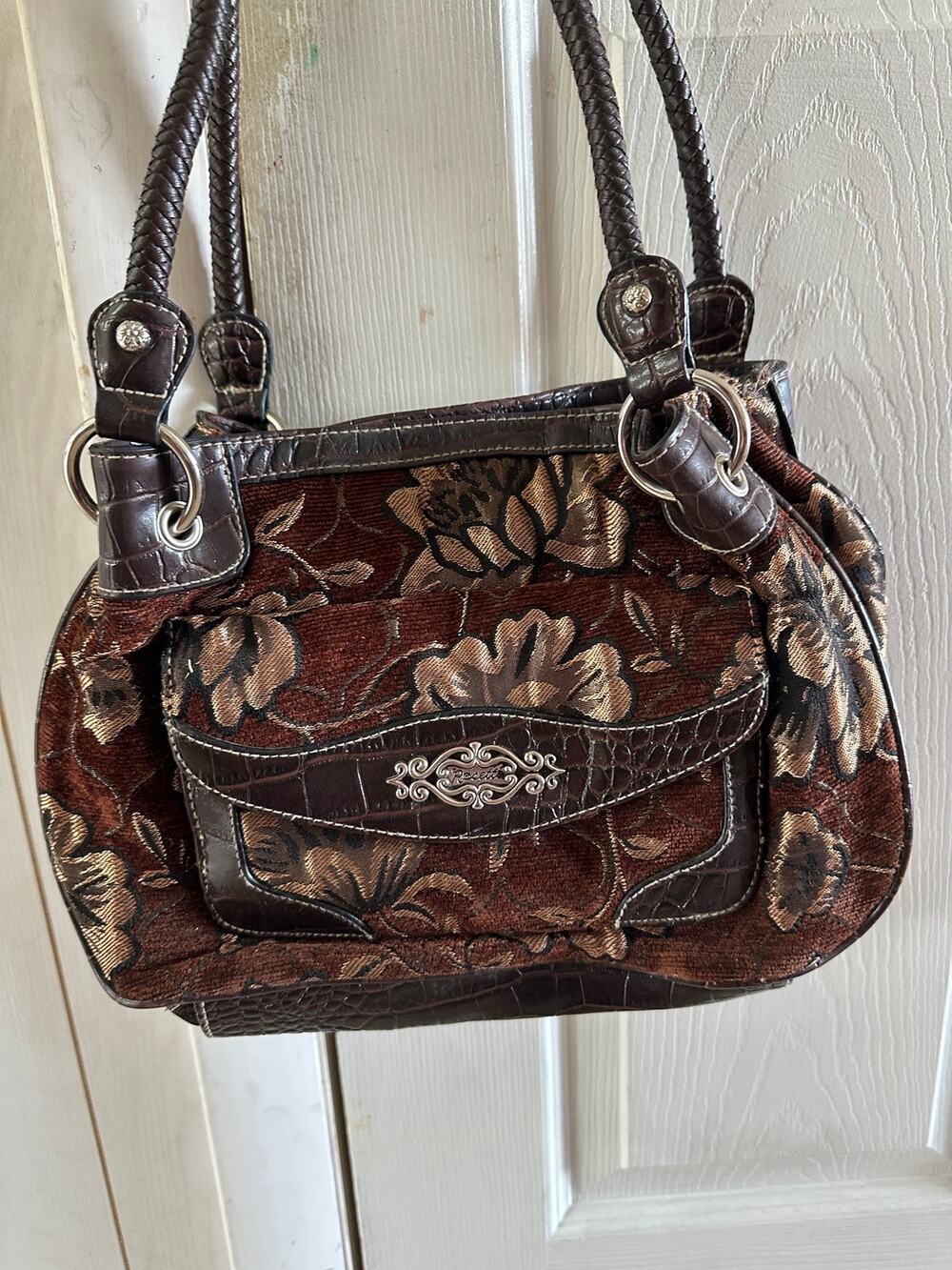 Rosetti Vintage Brown Floral Tapestry Shoulder Bag Faux Croc Trim Y2K